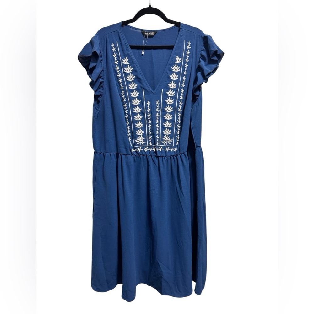 BloomChic Floral Embroidered V-Neck Ruffle Cap Sleeve Dress Blue